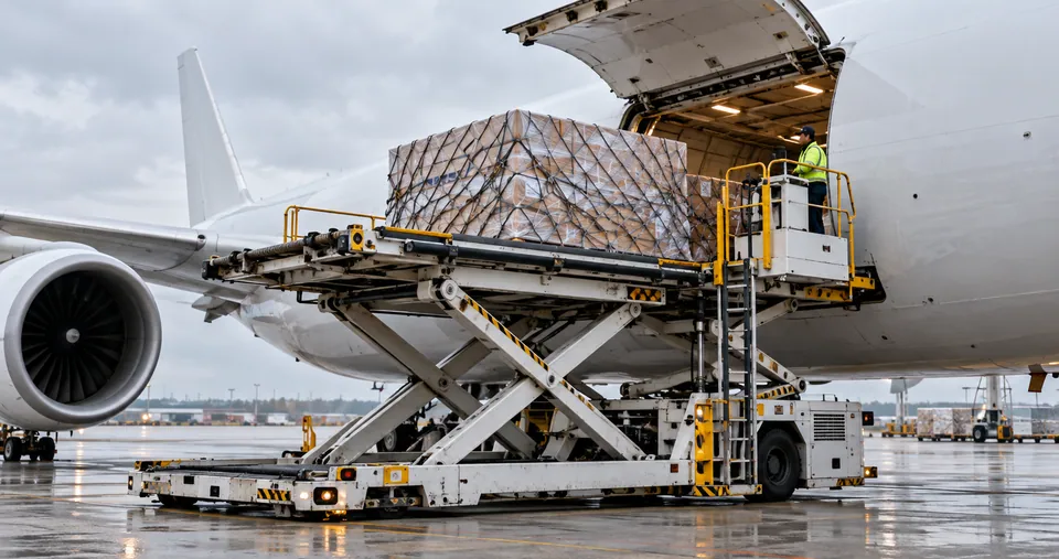 Shipping good from China to UK Air cargo loader — logistics illustration