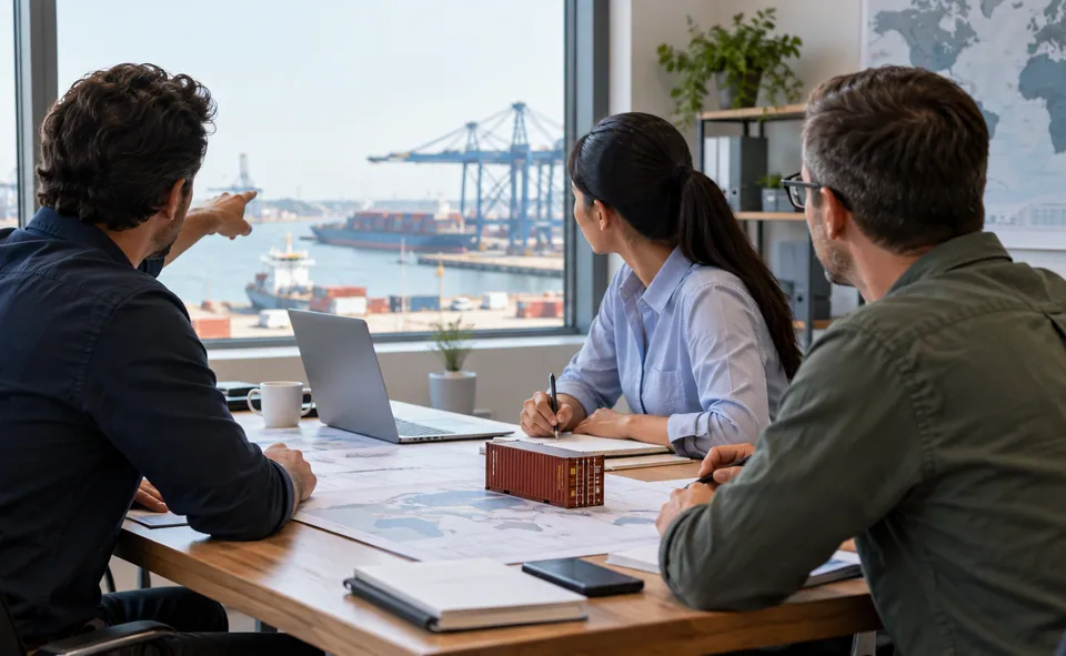 Sea Freight from China to Australia Cargo planning team — logistics illustration