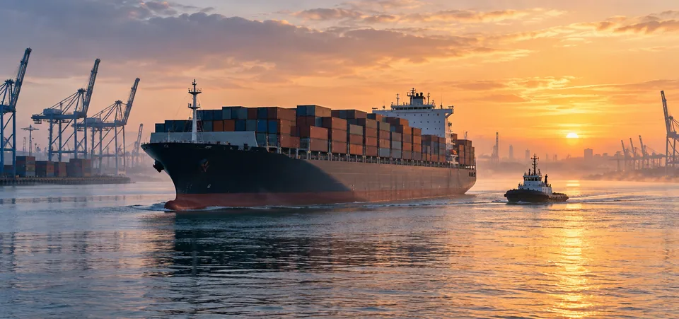 Shipping from China to Australia Harbour dawn — logistics illustration