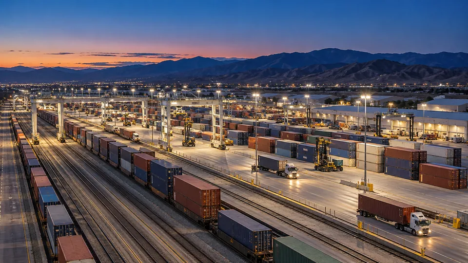 Inland hub night — logistics illustration