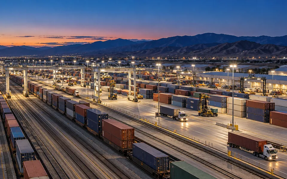 Inland hub night — logistics illustration